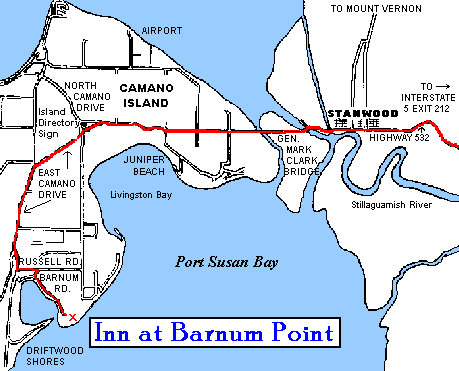 Map to the Inn at Barnum Point Bed and Breakfast on Camano Island, Washington