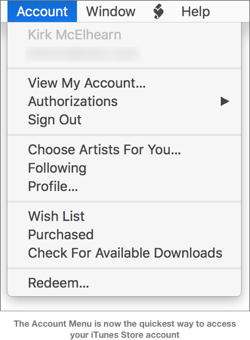 iTunes Account menu