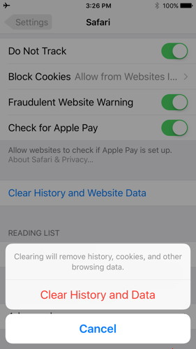 Clear history in Safari in iOS 10.3