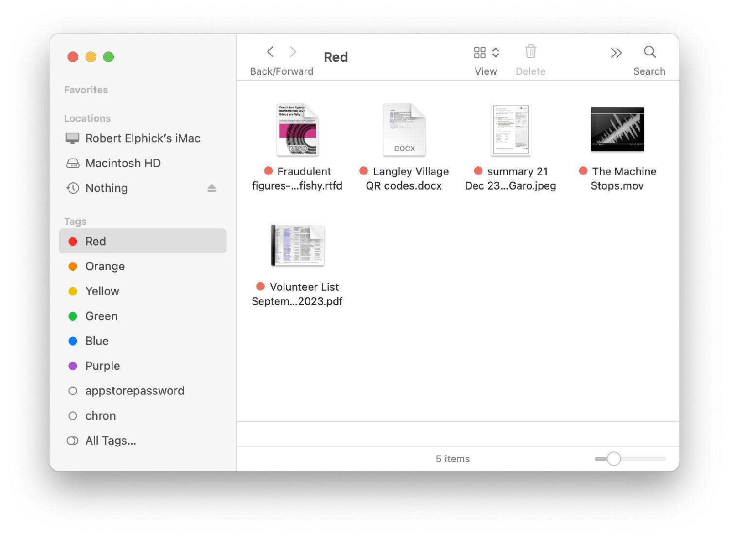Finder Window with tags add menu for the selected file