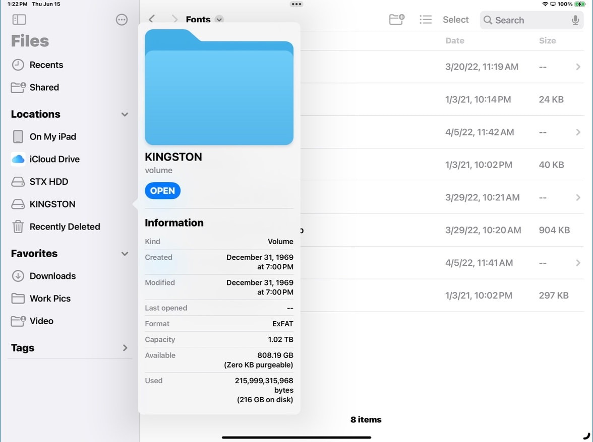 iPadOS 17 Files app drive info popup