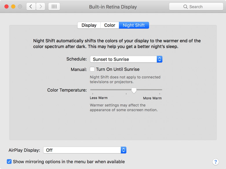 Nightshift in System Preferences