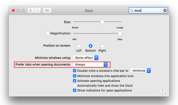 Tabs in the Dock Preferences