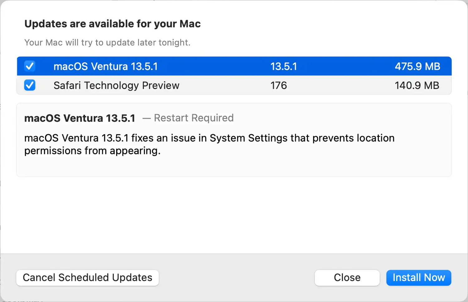 Ventura 13.5.1 update